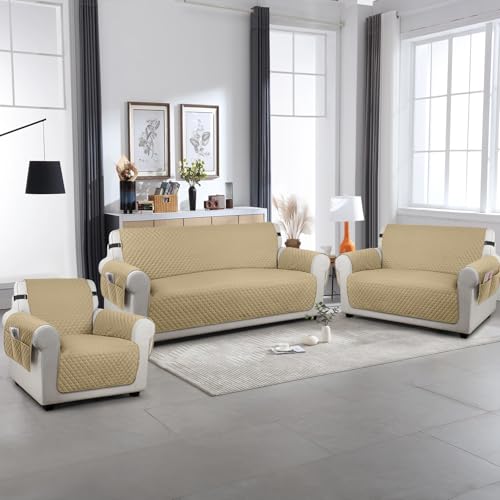 Image of TAOCOCO Sofa Slipcovers 3 Seater with Storage Pockets, Anti Slip Couch Covers, Washable Sofa Protector for Pets (Sand)