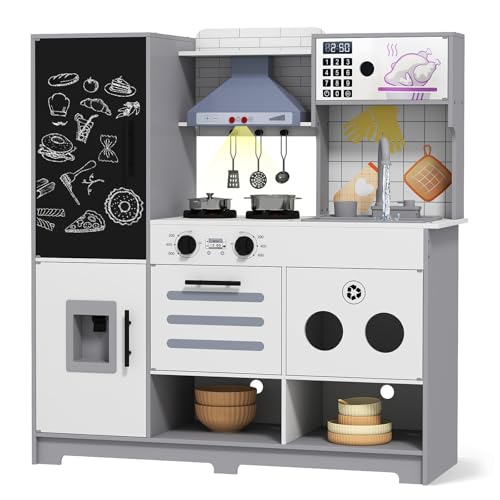 JOYDIAS Kids Play Kitchen Set, Pretend Wooden Kid Kitchen Playset Toy Kitchen w/Sound and Light, Running Water, Oven, Ice Maker, Blackboard & Recycling Bin, Toddler Kitchen for Kids Ages 3+