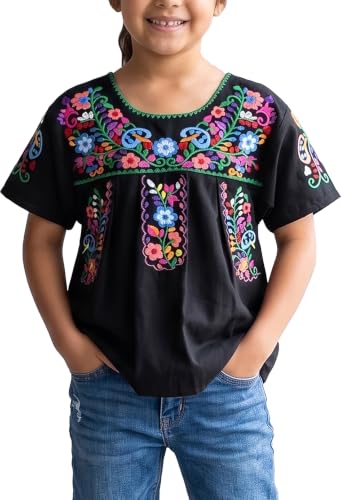 Image of YZXDORWJ Mexican Blouse for Girls Traditional Embroidered Summer Short Sleeve Peasant Blouse for Kids