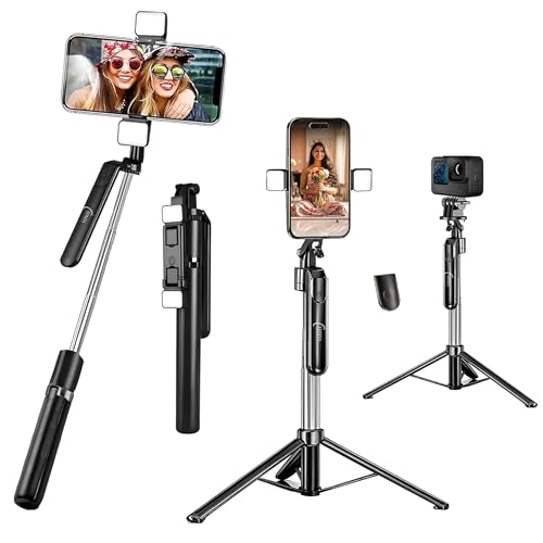 Image of EDNITA E16T Selfie Stick Tripod with Dual Light 67 inch /1.7m, 360 Rotation Grip Handle for Anti Shake Shooting, Multifunctional Bluetooth Tripod for Mobile Phone Vlogging, Live Stream and Travel