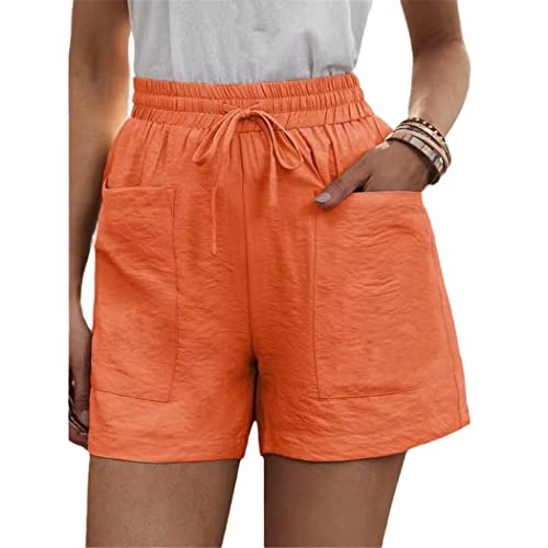 Short en coton et lin femme taille haute élastique à jambe large orange