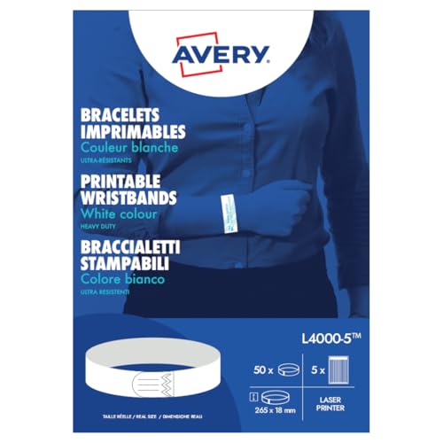 Avery Italia L4000-5 Braccialetti Identificativi Bianchi Ultra Resistenti 265X18Mm, Laser, Confezione 5Ff