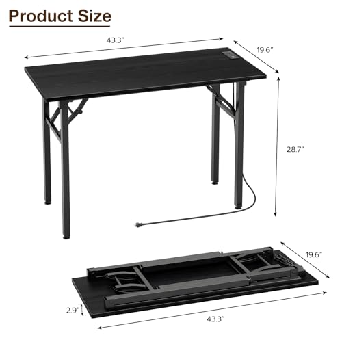 Image of TEMI Small Computer Desk Folding Table - No Assembly, Compact 44.3 inch Foldable Desk with Power Outlets & USB Charging Port, Portable Small Office Desk, Ideal Mini Study Table, Dark Oak