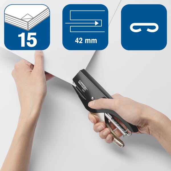 Rapid S51 Retrò Classic, Cucitrice a pinza capacità fino a 15 fogli, Cucitrice in acciaio ergonomica, Caricamento posteriore, Compatibile con punti 21/4, Nero, 10538705