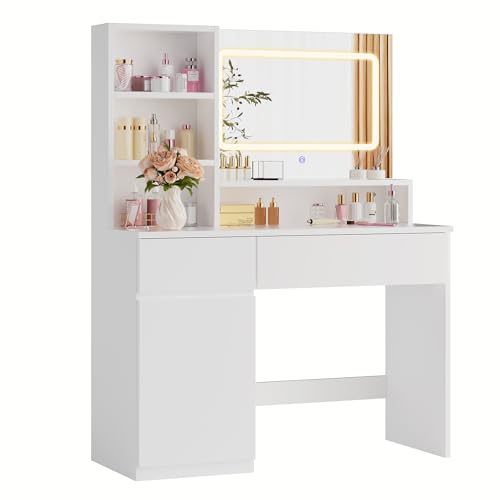 Airfish Coiffeuse avec Miroir LED, Espace de Rangement Abondant, 2 Tiroirs et 1 Armoire Latérale, 4 Compartiments de Rangement, Table de Maquillage Moderne pour Filles
