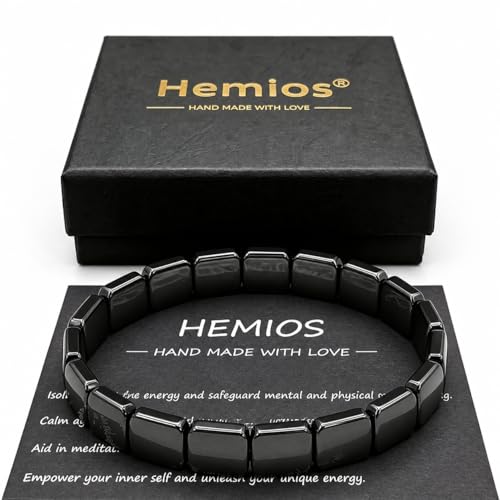 Hemios Hematite Bracelet Men for Daily Focus Business and Gym Wear Black Stone Stretch Bracelet for Men Meaningful Gift for Him (Rectangular)