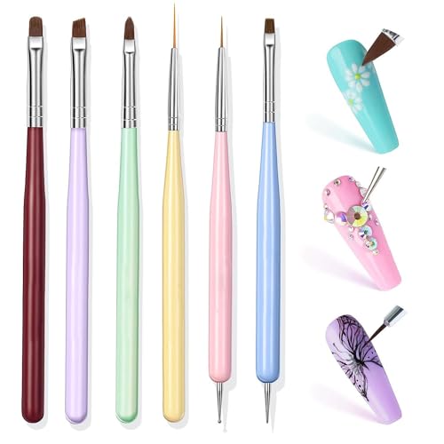 SHUBEIEUMI 6 Pièces Pinceau Nail Art, Set de Brosses pour Vernis Gel, Design Pen Outils, Dotting Tool Stylos pour Débutants et Professionnels