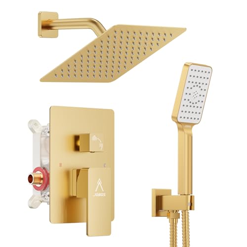 JQBQS Shower System Modern Rain 8 inches Brass Faucet Set With Valve and Diverter Shower Mixer With Handheld High Pressure Square Rainfall Shower Valve (8'' Wall Mount, Brushed Gold)
