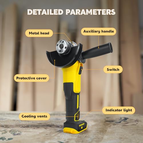 Cordless Angle Grinder for Dewalt 20v Batteries, 6600RPM Brushless Electric Grinder, 4 Variable Speed Metal Grinder for 4.9\'\'Wheels with Adjustable Auxiliary Handle for Cutting, Polishing(No Battery)