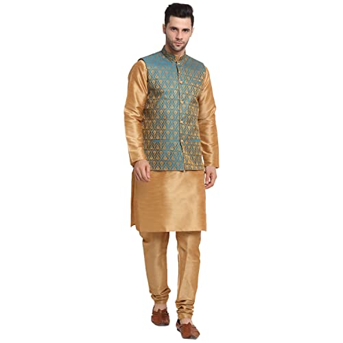 Image of KRAFT INDIA Mens Gold Silk Blend Kurta and Churidar Set With Jacquard Paisley Nehru Jacket