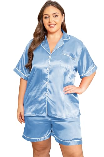 Image of Vozanet Women's Short Sleeve Satin Pajama Sets Silky Ladies Button Down Loungewear Plus Size Nighty Shorts Sets XL to 5XL