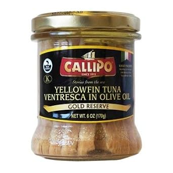 Yellowfin Tuna Ventresca in Glass Jar Olive Oil 6oz 170g by Callipo | Premium Quality 100% Italian | Hand Packed | Pack of 2