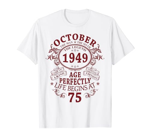 75 Años Cumpleaños Hombre Mujer Octubre 1949 Vintage 1949 Camiseta