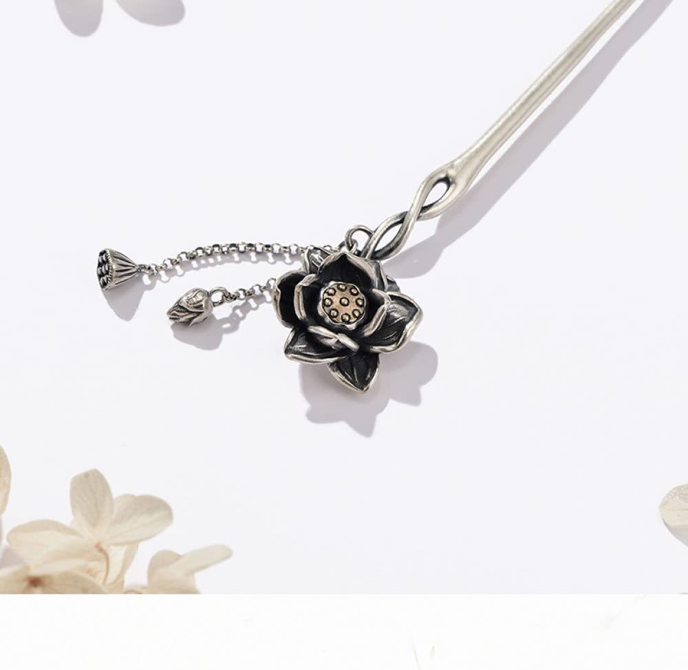 Vintage Haarstäbe Retro Haarnadel, S925 Sterling Silber chinesische Haarstäbchen, verzierte Lotus Samenkapsel Haarstäbe mit Quaste,