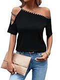 SOLY HUX Women's Off Shoulder Cut Out Short Sleeve T Shirt Rhinestone Tee Tops Solid Black Medium