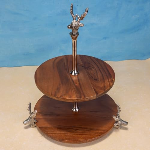 Image of Wildwood Two-tier Cake Stand, Natural & Silver Finish - Cupcake Stand, Desserts, Candy, Fruits, Dry Fruits Plates, Decorative Serving for Wedding, Birthday, Tea Party