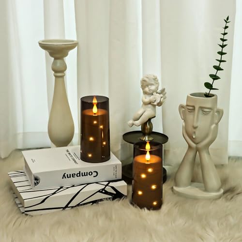 Image of Aignis Flickering Flameless Candles Battery Operated Candles LED Candles with Remote Timer for Home /Wedding /Birthday /Holiday Decor ，Grey 3D Flame Set of 2 (D3 xH6 6 inch)