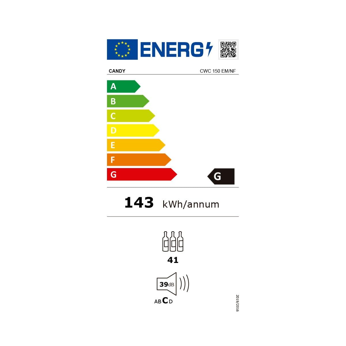 CANDY DiVino, CWC 150 EM/NF, Cantina Vino, 41 bottiglie, 39 dB, APP hOn, Tecnologia Vivino, Monozona, Nero, AxLxP 84,5x49x55 cm [Classe di efficienza energetica G]