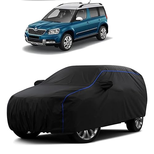Image of Sulfar 100% Water Resistant Car Body Cover Compatible with Mirror for Skoda Yeti (Triple Stitched, Full Bottom Elastic, Black Tafetta with Blue Piping)