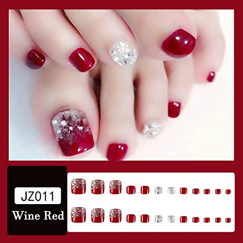 24Pcs Short Press On Toenails Wine Red Fake Toe Nails With Rhinestone Designs Noble Designer Toenail Press On Nails For Women Glossy Full Cover Acrylic False Toenails For Summer #TOP5