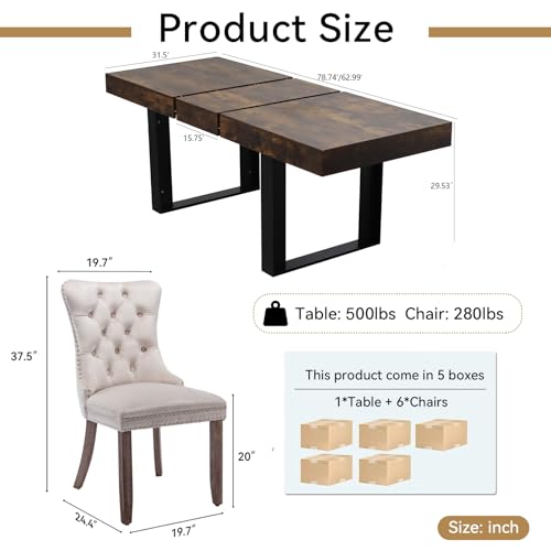 Image of Rustic Brown Dining Room Table Set for 6, 7-Piece 63 inch-78.74 inch Extendable Dining Table Set with 6 Upholstered Chairs, Rectangle Wooden Expanding Kitchen Table and Beige Chairs Set