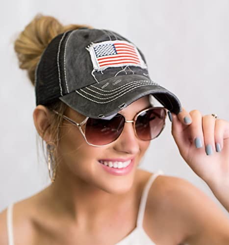 Utowo Women Baseball-Caps Distressed-American-Flag Ponytail-High-Bun Trucker Dad-Hats (Black - High Ponytail Mesh) #TOP1