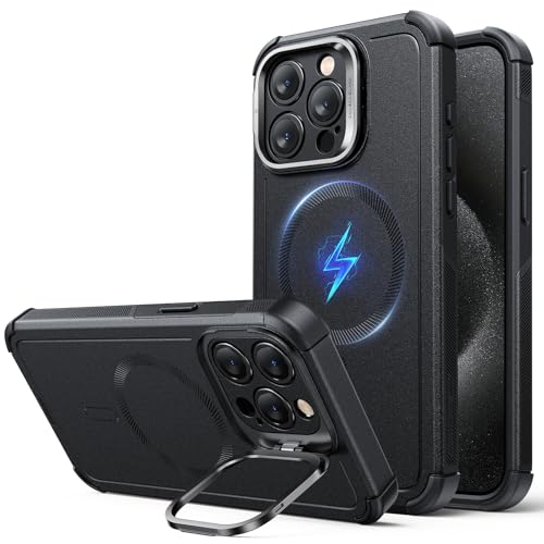 ESR for iPhone 15 Pro Phone Case with Stand 23ft Military-Grade Drop Protection Heavy Duty Magnetic Phone Case Compatible with MagSafe Accessories Cyber Series Black