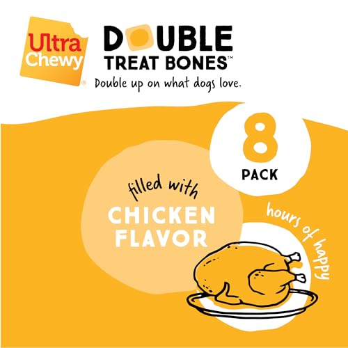 Ultra Chewy Double Treat Bones: Long-Lasting Treats Made in USA for Large and Small Breeds, Highly Digestible, for Aggressive Chewers (Bacon Cheese and Chicken Flavor, 2 Packs)