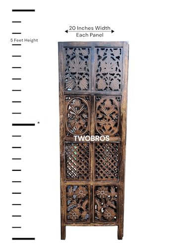 Image of Wooden Room Partition /Screen /Room Divider /Room Separator Burnt Wood Finish (Hand Buffing) Frame Traditional Handicrafts 6Ft Height (4 Panel 5 Feet)