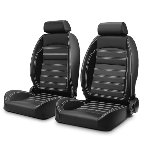 ModifyStreet OBS Styles Universal 1 Pair Black PVC Leather Sport Racing Seats with Headrests and White Stitching, Reclinable Seats with Dual Sliders, Complete 2PCS Set for Driver and Passenger Side