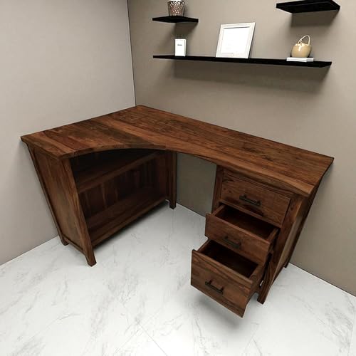 Image of The Attic Illinoi Study Table, Solid Sheesham Wood Left Corner Study Table, Honey Matt