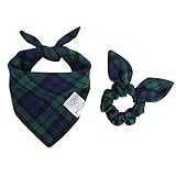 E-Clover Christmas Dog Bandanas Boy & Matching Scrunchie Set Plaid Scarf Kerchief for Small Dog Puppy Bandana Pet Owner Blue Green Fall