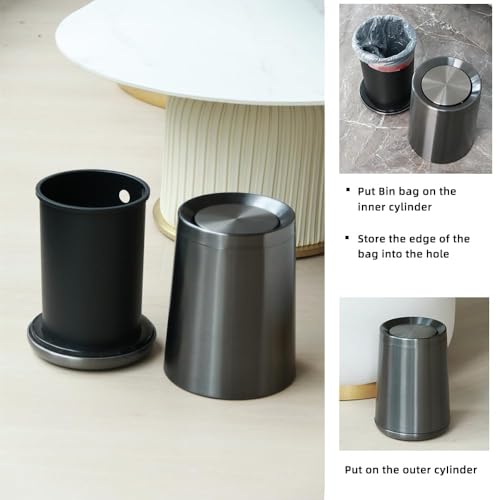 Image of 10 L /2.6Gallen,Swing Lid Trash Can,Brushed Stainless Steel Garbage Can with Flipping Lid,for Bathroom, Kitchen,Living Room,Bedroom,Hotel (Black Gold)