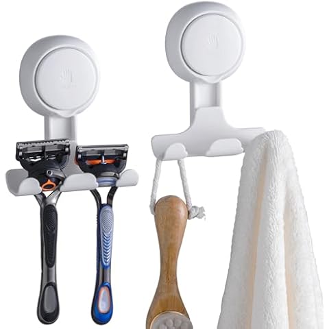 TAILI Suction Cup Razor Holder in Shower 2 Pack, Towel, Loofah, Shaver Holder for Shower Wall, Powerful Suction Cup Shower Hooks for Inside Shower, Easy to Install and Reuse, White Cover