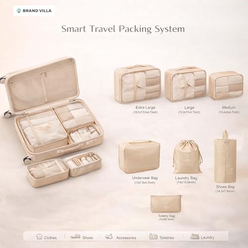 Image of BRAND VILLA 7 Pcs Travel Organizer Set Packing Cubes Luggage Organizer Bags with Shoe Bag, Laundry Pouch & Toiletry Bag for Clothes, Shoes, Accessories, Lightweight Travel Storage for Suitcase (Beige)