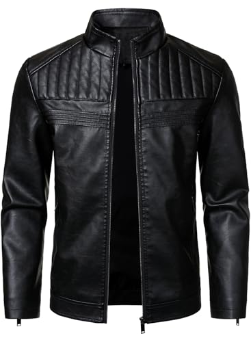 HOOD CREW Mens Leather Jackets Faux PU Leather Motorcycle Jacket Stand Collar Biker Coat Outwear with Zipper Pockets Black M
