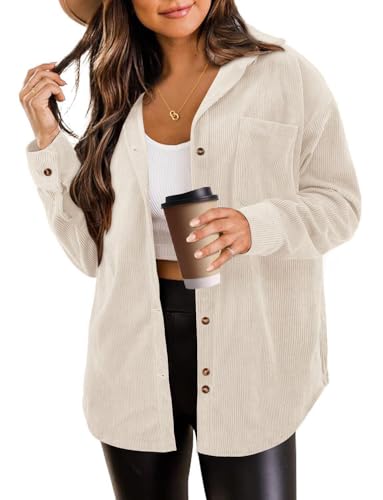 SEMARO Womens Casual Long Sleeve Button Down Shirts Corduroy Oversized Boyfriend Blouse V Neck Loose Jacket Tops Apricot