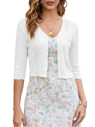 La Mejor Recopilación de Toreras para Mujer que puedes comprar esta semana. 47 JOKELAMB Bolero - Cárdigan corto de punto con manga 3/4 para mujer, estilo cárdigan con parte delantera abierta, casual, elegante, para vestidos, Blanco-035, M