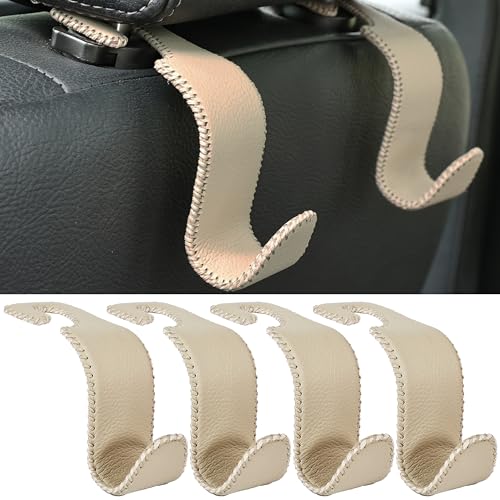 Image of Amooca Car Seat Headrest Hook 4 Pack Metal Core Hanger Universal Car Storage Organizer for Handbag Purse Coat S Type Leather Beige