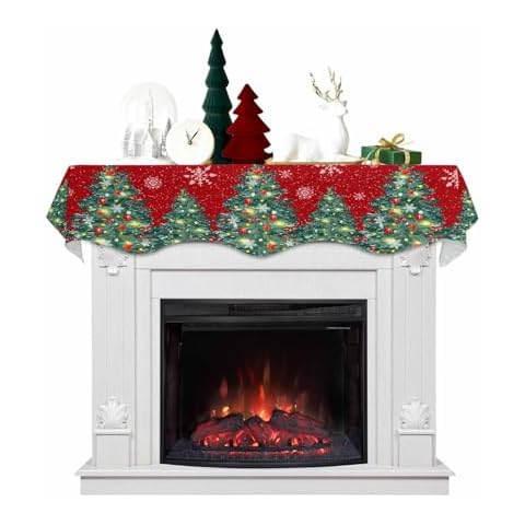 Falaniique Red Christmas Fireplace Mantel Scarf Cover, Winter Pine Tree Snowflakes Xmas Mantel Shelf Top Scarf Christmas Runners for Fireplace Christmas Decor Holiday Decorations 90'' L x 17'' W Cover