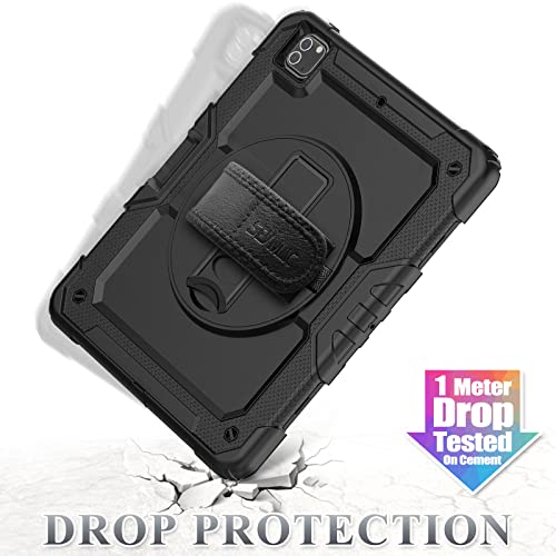 SEYMAC stock Case for iPad Pro 12.9 Inch 2022/2021/2020/2018 (6th/5th/4th/3rd Generation), Full-body Shockproof Case with Screen Protector, Pencil Holder, 360° Rotating Stand/Hand Strap, Black