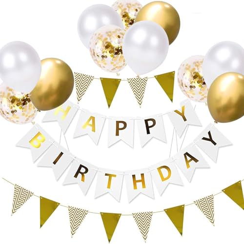 WH+GD+SJQ White Gold Party Decorations - Happy Birthday Bunting Banner, 12 inch Balloons Perfect for Birthday Party Decorations