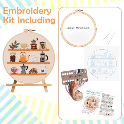 Image of Nuberlic Coffee Bar Embroidery Kit for Beginners | Aesthetic Coffee Shelf Design, Cross Stitch Starter Kit for Adults, Complete Needlepoint Kit