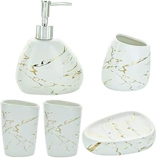 G Decor 5-Pieces White & Gold Designer Marble Ceramic Bath Accessory Set | Includes Liquid Soap or Lotion Dispenser, Toothbrush Holder, Two Tumblers, Soap Dish