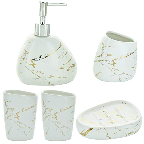 G Decor Ensemble d'accessoires de salle de bain design 5 pièces en céramique marbre blanc et doré avec distributeur de savon liquide ou de lotion porte-brosse à dents, deux gobelets, porte-savon Cover