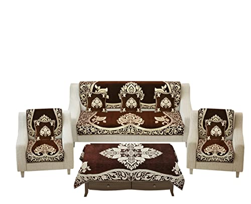 Image of Sofa Seater Slip Covers 5 Seater with Cushion and Table Cover - 3+2 Seater Velvet Sofa Cover Set for Single Sofa Couch - Sofa Seat Protector Slip and Back Covers, 2701 Coffee