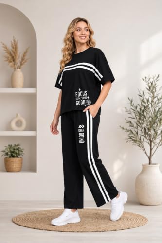 Image of Women's Printed Co-Ord Lounge Set | Oversized Half Sleeve T-Shirt & Straight Fit Track Pants | Casual Two Piece Co Ord Set for Daily Wear, Travel, Gym, Airport Look & Loungewear