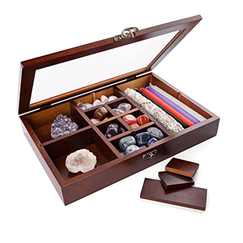 Adjustable Rock Display Case, Crystal Collection Box with Shelves, Wood Witchy Stones Organizer Storage,Gem Holder with Lid for Seashell, Collectibles, Wiccan Gift (Brown)