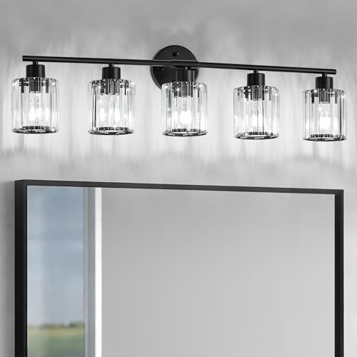 Image of Modern Black Crystal Bathroom Light Fixtures,5-Light | Bathroom Lighting Fixtures over Mirror,Vanity Lights for Mirror, Restroom(Ceramic E26 Socket,Bulbs Not Include)