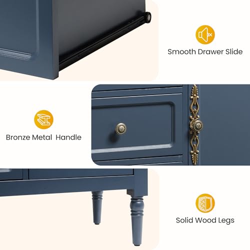 Image of FansaFurn Blue Storage Cabinet, Mid-Century Buffet Cabinet with 2 Doors & 3 Drawers, Accent Sideboard Cabinet with Adjustable Shelves & Turned Legs for Entryway, Living Room, Dining Room